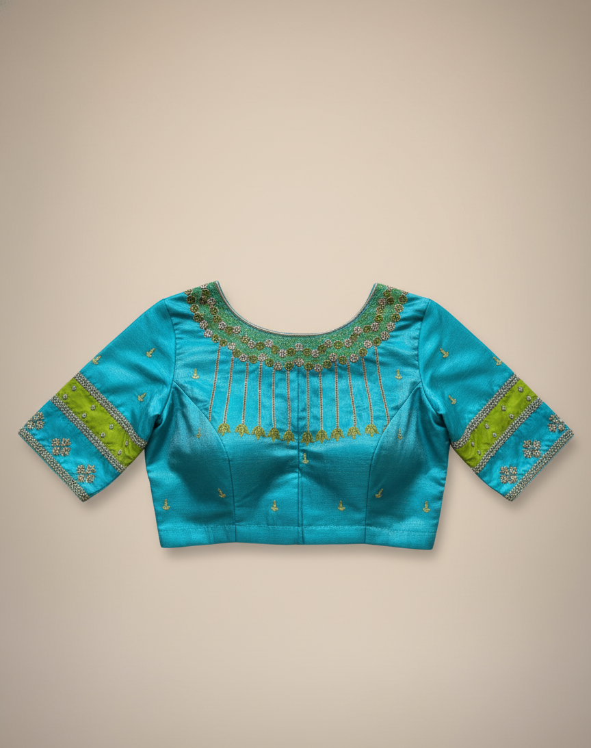 Blue Green Lotus Neck Blouse