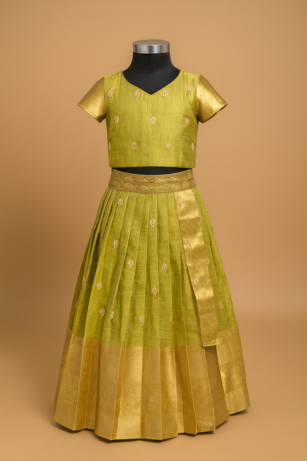 Olive Gold Kids Pattu Lehenga