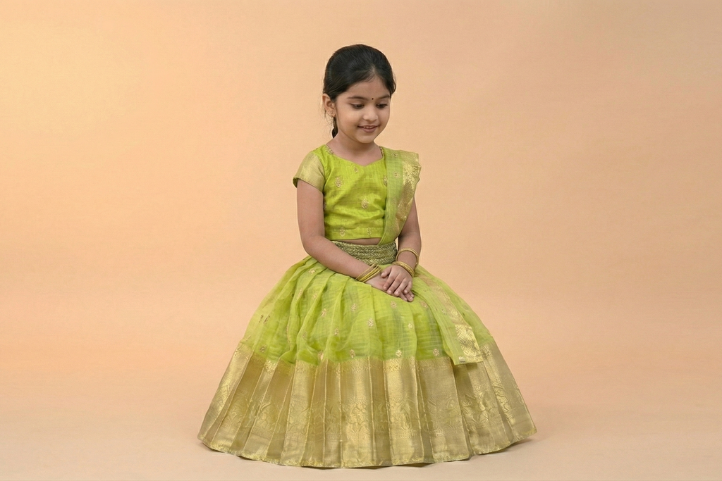 Olive Gold Kids Pattu Lehenga