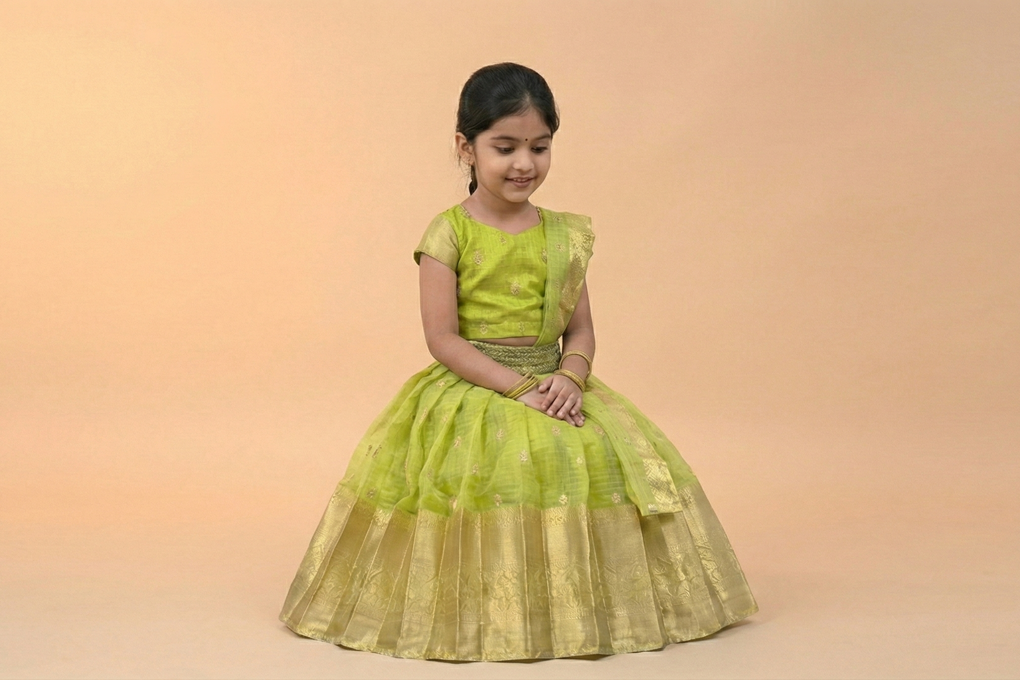 Olive Gold Kids Pattu Lehenga