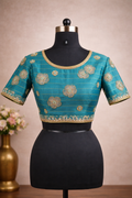 Teal Blue Floral Embroidered Silk Blouse